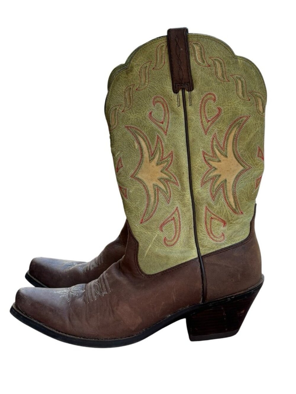 Ariat Brown Leather Heel Boots with Green Shaft and Tan Stitching